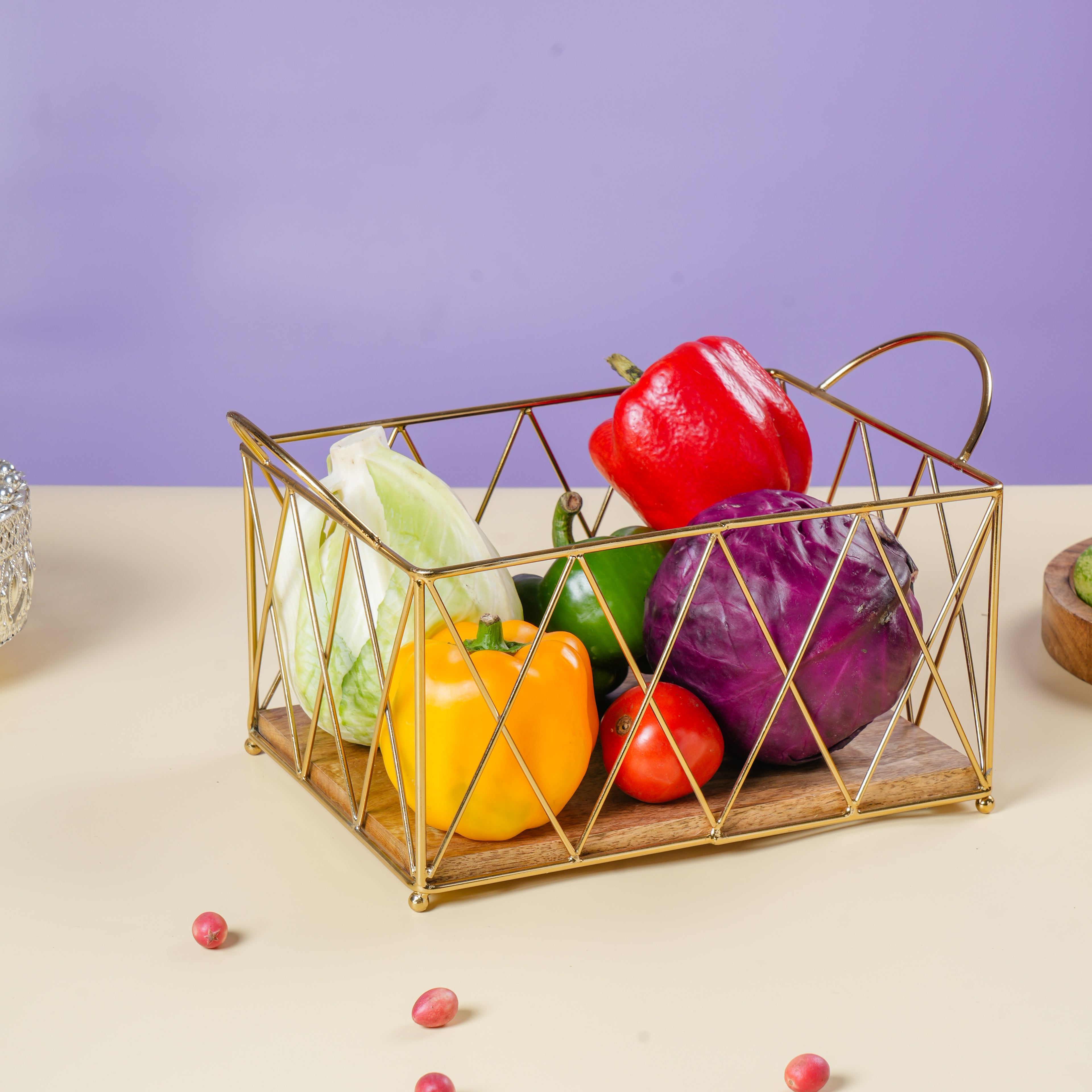 Decorative Gold Storage Basket with Handles | Multipurpose Kitchen Organizer