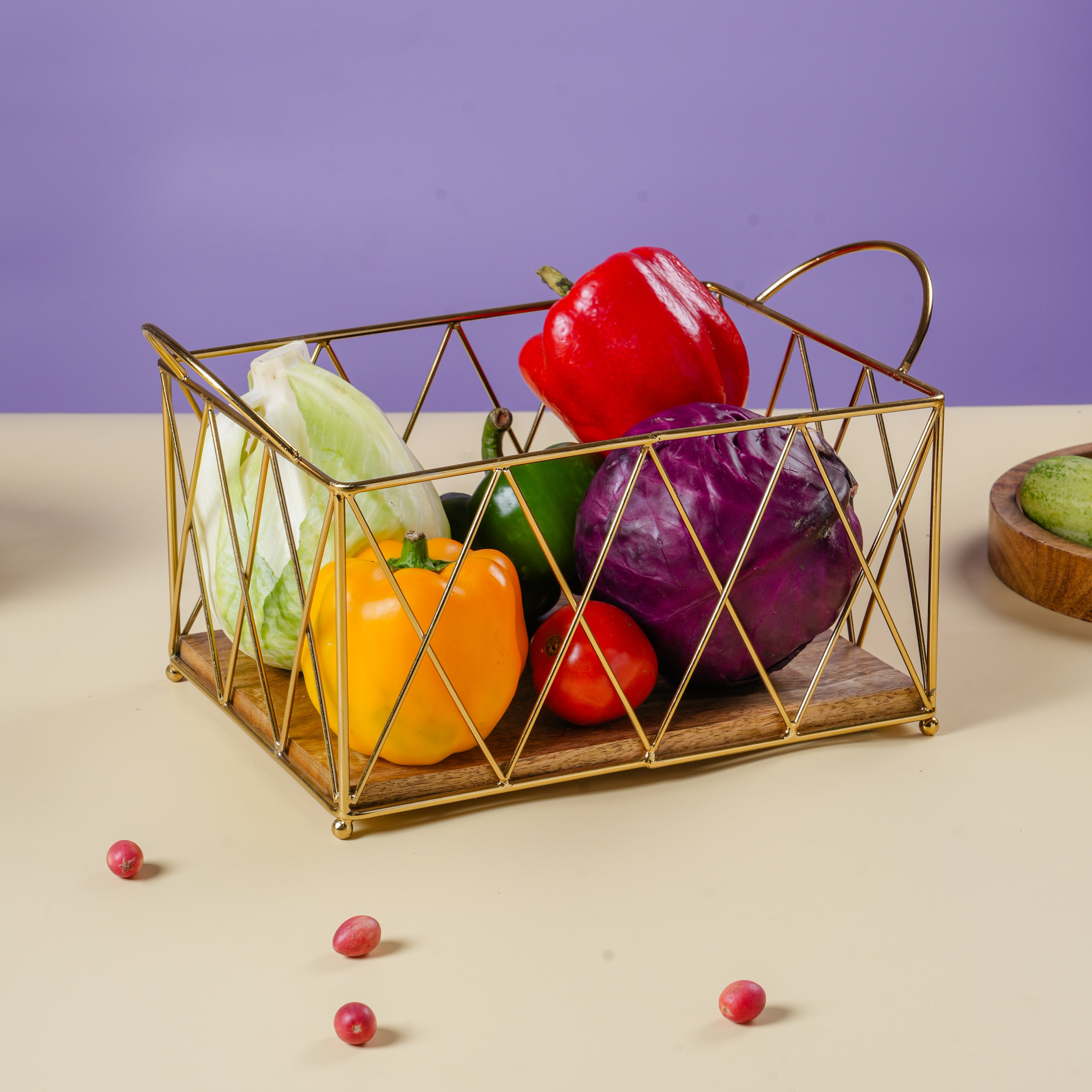 Decorative Gold Storage Basket with Handles | Multipurpose Kitchen Organizer