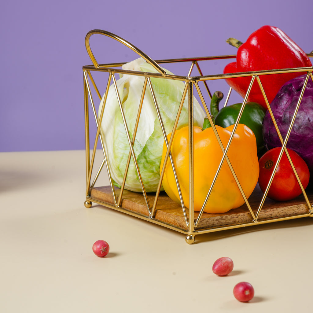 Decorative Gold Storage Basket with Handles | Multipurpose Kitchen Organizer