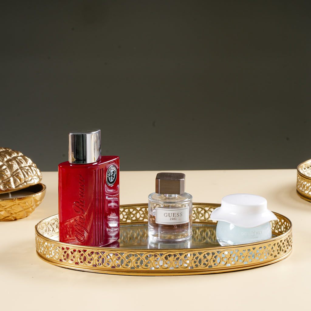 Round Gold Mirror Vanity Tray | Decorative Perfume & Makeup Organizer