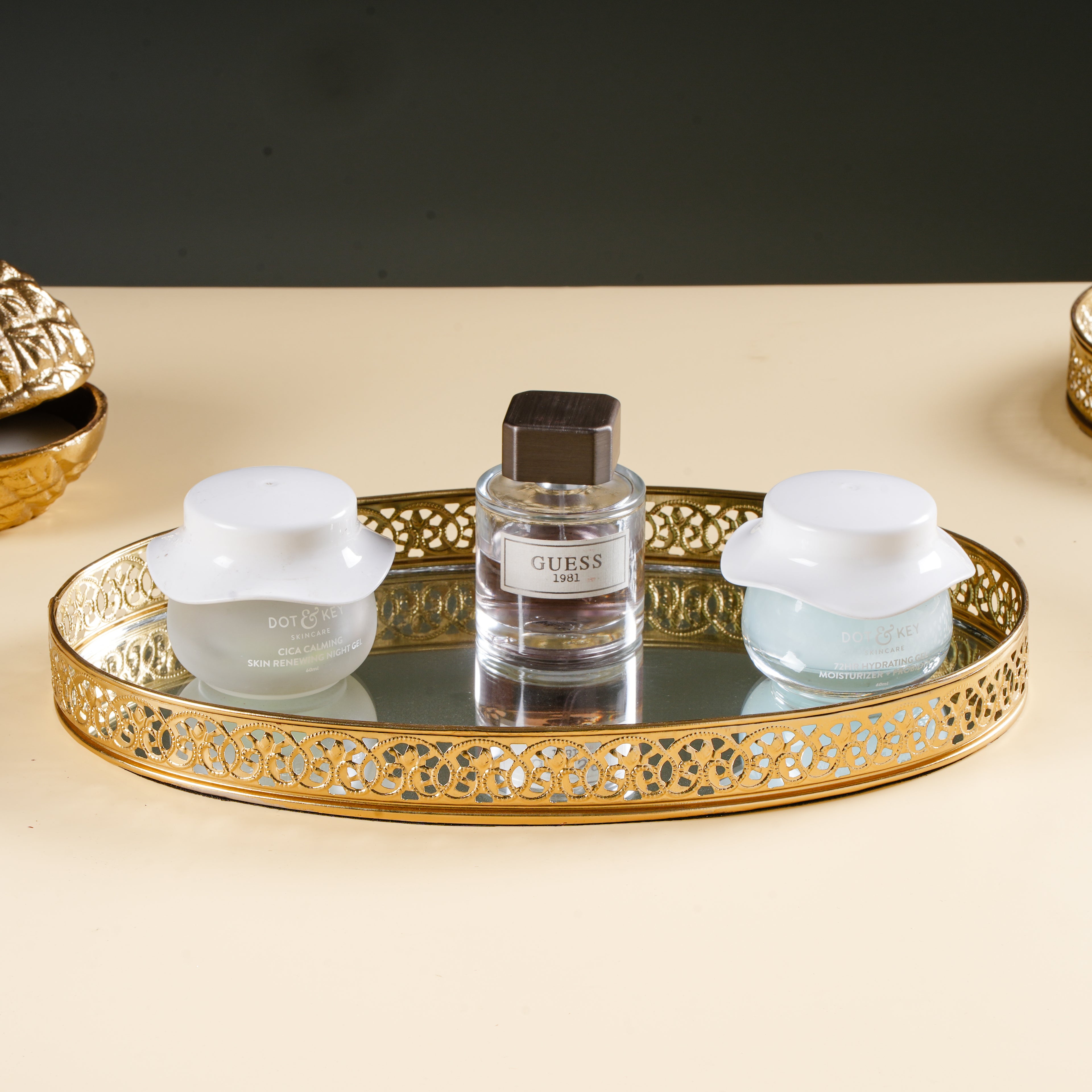 Round Gold Mirror Vanity Tray | Decorative Perfume & Makeup Organizer