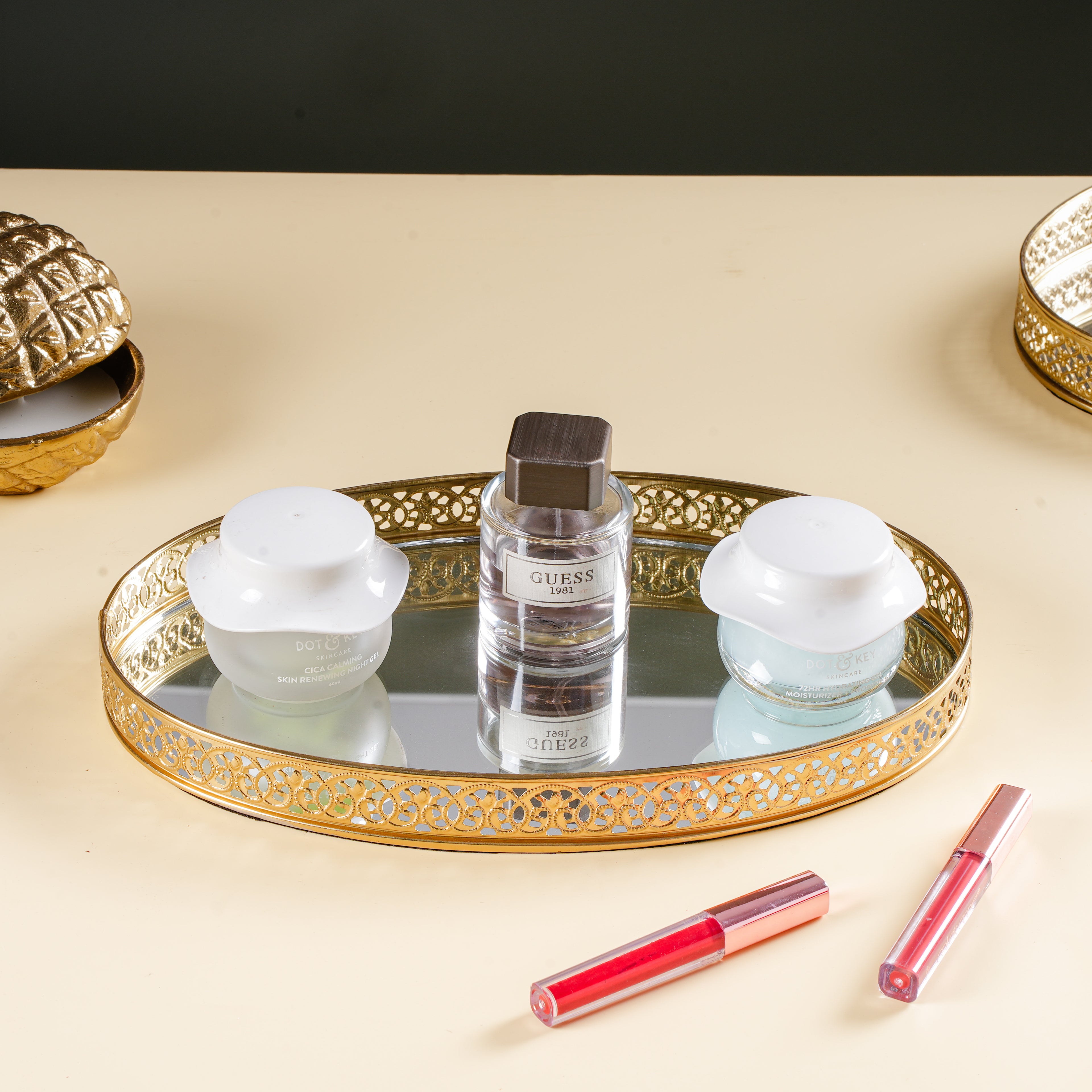 Round Gold Mirror Vanity Tray | Decorative Perfume & Makeup Organizer