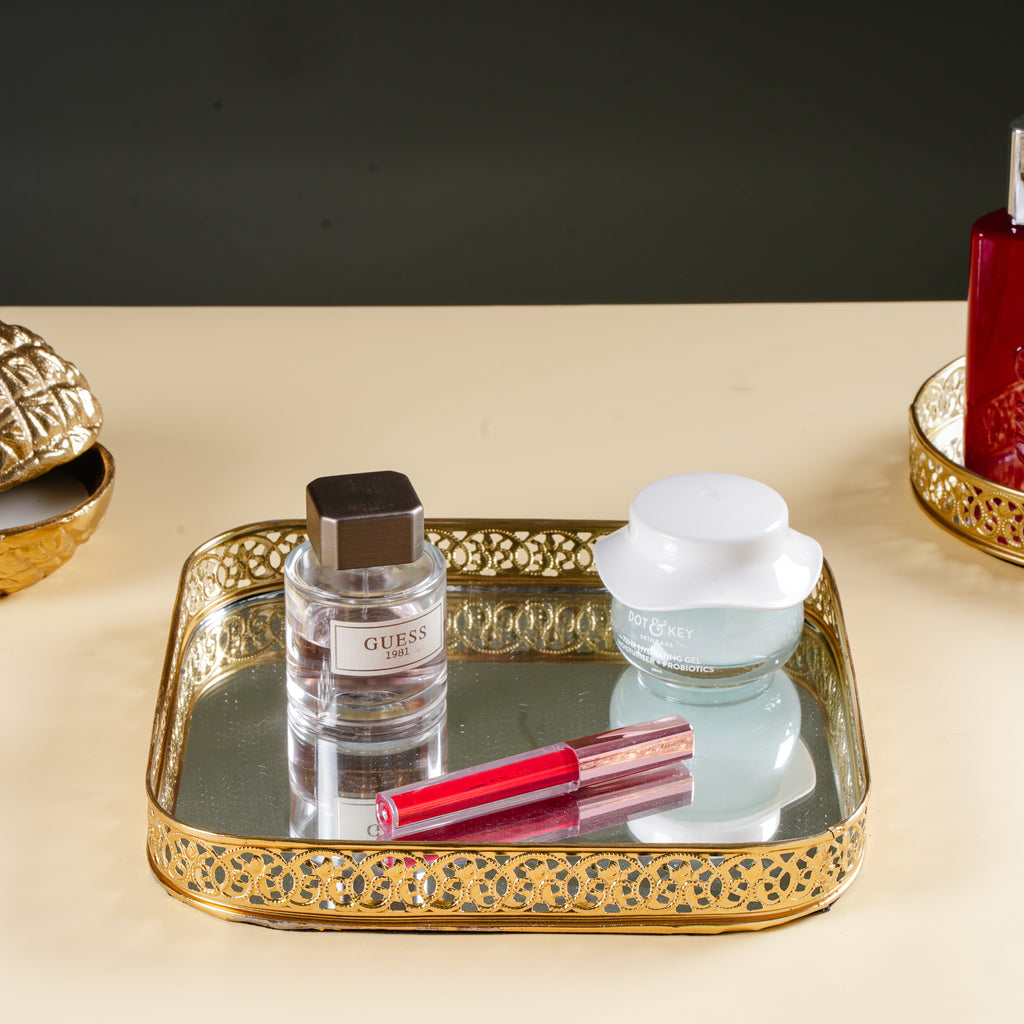 Decorative Gold Mirror Vanity Tray | Rectangle Makeup & Perfume Organizer