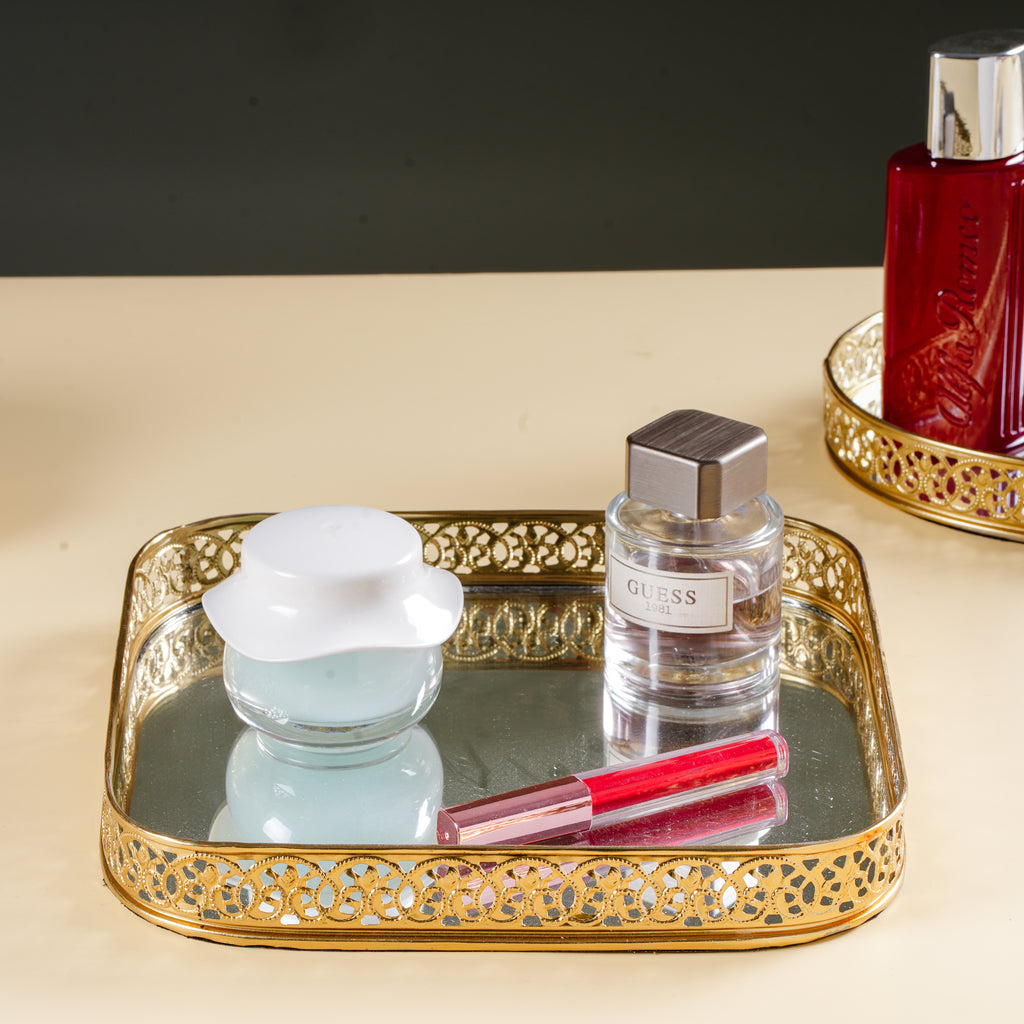 Decorative Gold Mirror Vanity Tray | Rectangle Makeup & Perfume Organizer