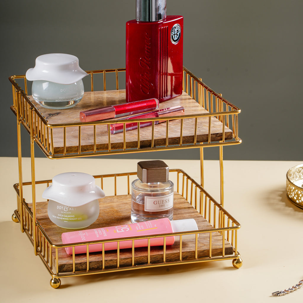 Decorative 2 Tier Storage Rack | Metal Frame Wooden Shelf Organizer
