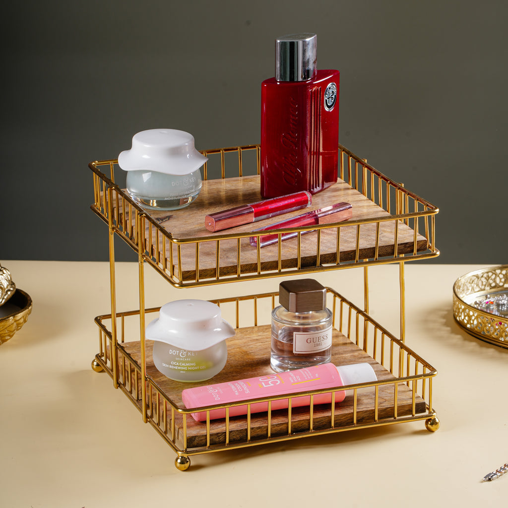 Decorative 2 Tier Storage Rack | Metal Frame Wooden Shelf Organizer