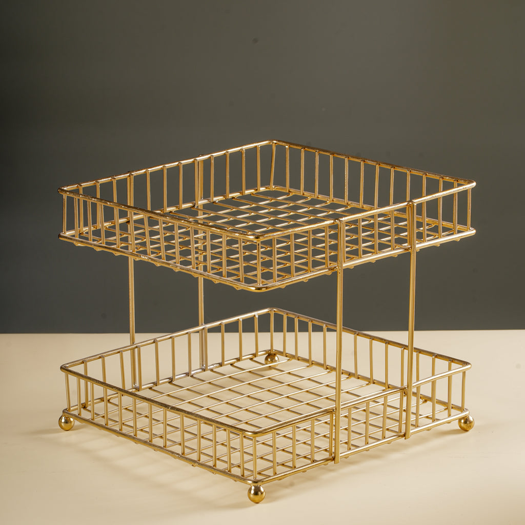 Two-Tier Gold Metal Storage Basket | Kitchen Counter & Pantry Organizer