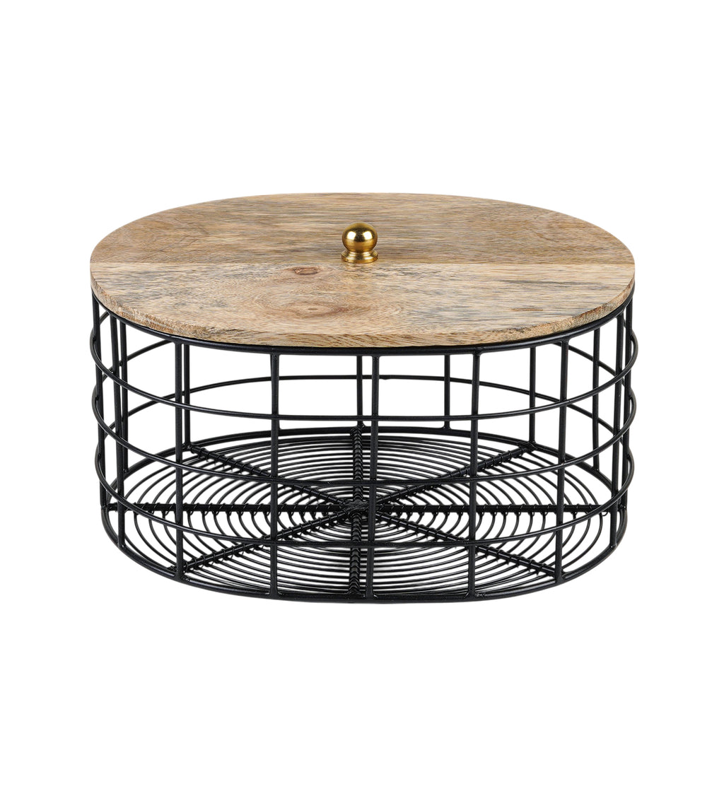 Metal Fruit & Vegetable Basket with Wooden Top | Modern Kitchen Organizer