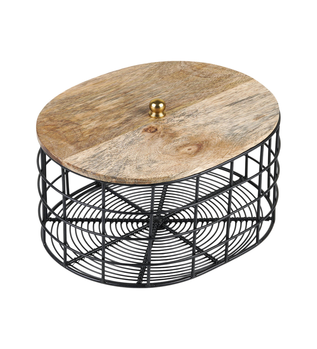 Metal Fruit & Vegetable Basket with Wooden Top | Modern Kitchen Organizer