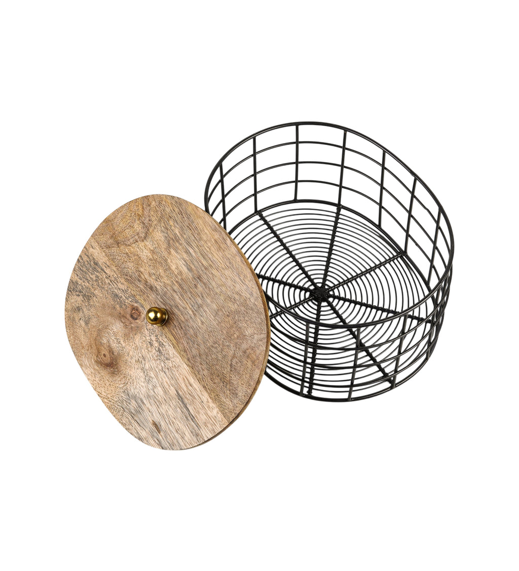 Metal Fruit & Vegetable Basket with Wooden Top | Modern Kitchen Organizer