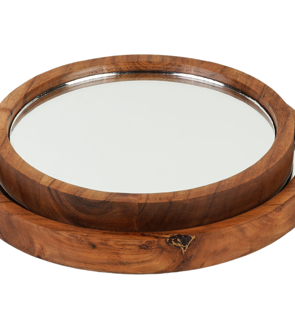 Set of 2 Decorative Mirror Trays with Wooden Frame | Tabletop Display Tray