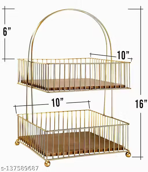 Two-Tier Gold Metal Storage Basket Stand | Countertop Organizer with Wooden Shelves