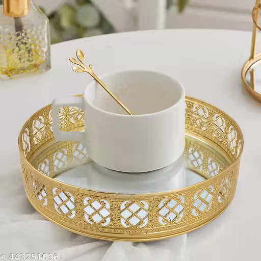 Round Gold Mirror Vanity Tray | Decorative Makeup & Perfume Organizer